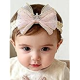ICKEYOU Baby Girls Hairbands Bow Lace Headband Handmade Soft Stretchy Pink Bowknot Hairbands Newborn Hairband with Bows Elastic Hair Bands for Kids Infant (Light Pink Bow)