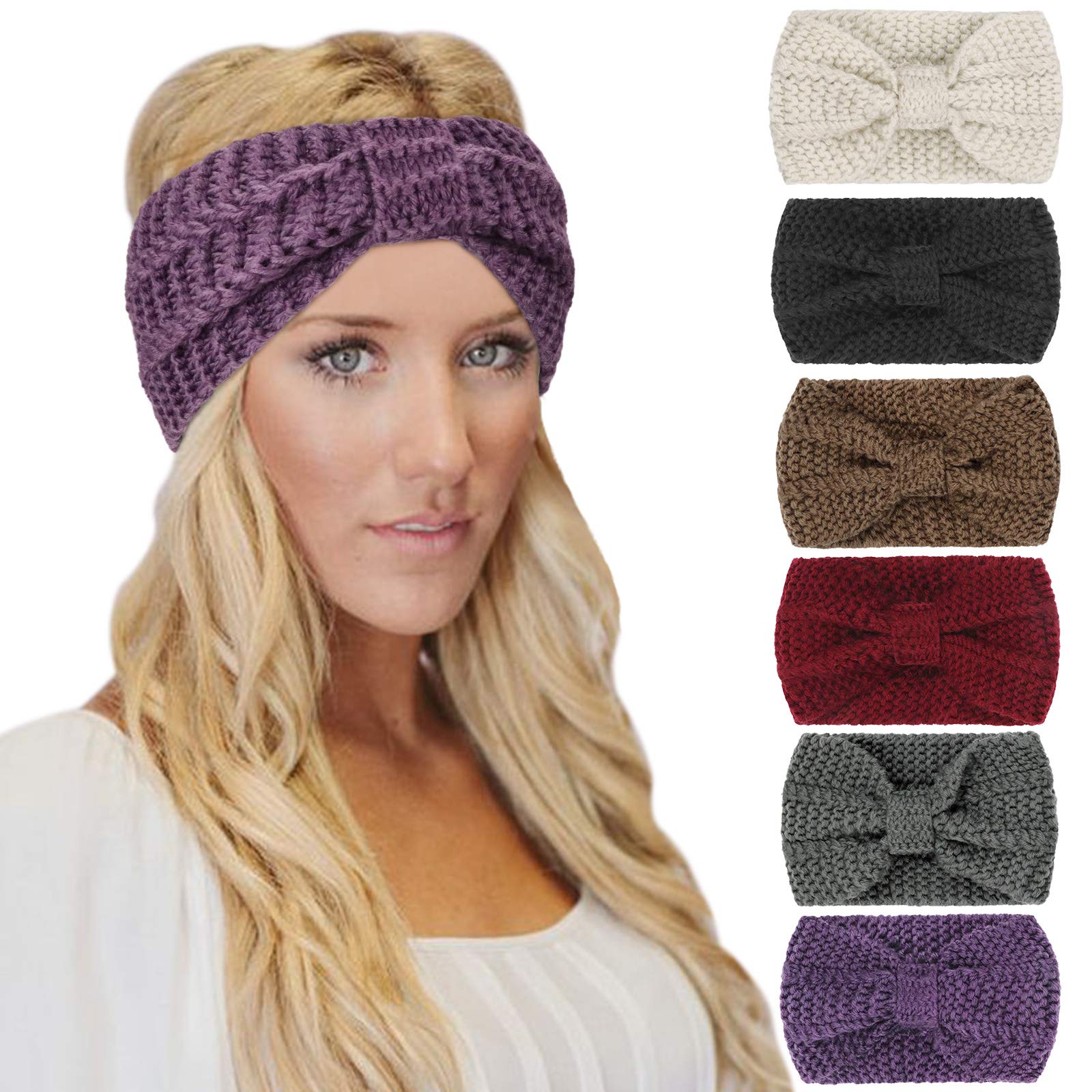 DRESHOW 6 Pack Crochet Ear Warmer Headband Soft knit Turban Stretch Headbands Warmer for Women Winter