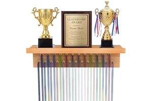 Purbambo Medal Hanger Display, Bamboo Trophy Shelf with 25 Steel Hooks, Wall Mount Ribbon Medals Holder for Gymnastics, Soccer, Running Race Awards