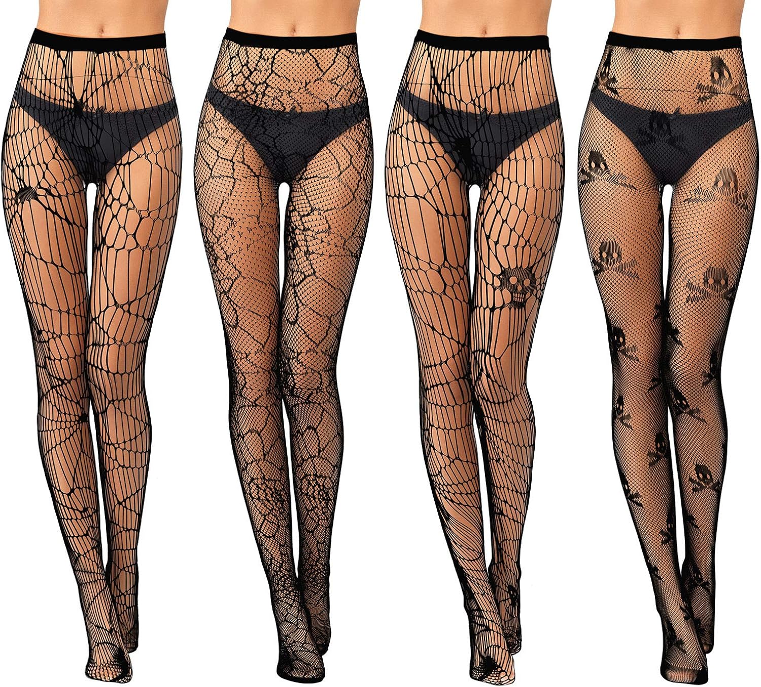 4 Pairs Women Halloween Fishnet Pantyhose Spider Web Pattern Tight Mesh High Stockings, 4 Styles: Clothing