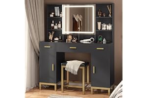 AOGLLATI Makeup Vanity Set with Lights in 3 Colors,Vanity Desk with Mirror and Lights & Charging Station, Black Vanity Table with Big Glass Desktop, Hidden and Open Storage Shelves