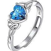 925 Sterling Silver Good Luck Celtic Twisted Knot/Claddagh Heart Birthstone Ring, Thin Delicate Adjustable Promise Engagement Ring Irish Jewelry for Women