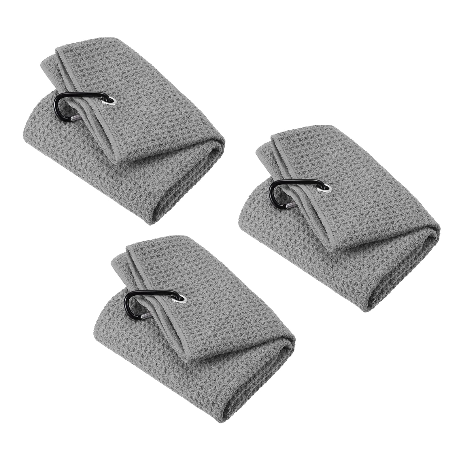 PATIKIL 20"x16" Tri-Fold Golf Towels, 3 Pack Waffle Pattern Towels Soft Fiber Strong Water Absorption with D Clip for Golf Lovers, Grey