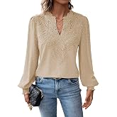 Falechay Long Sleeve Shirts for Women Boho Flowy Lace Floral V Neck Tops | Dressy Casual Blouses, Swiss Dot Crochet Flowers N