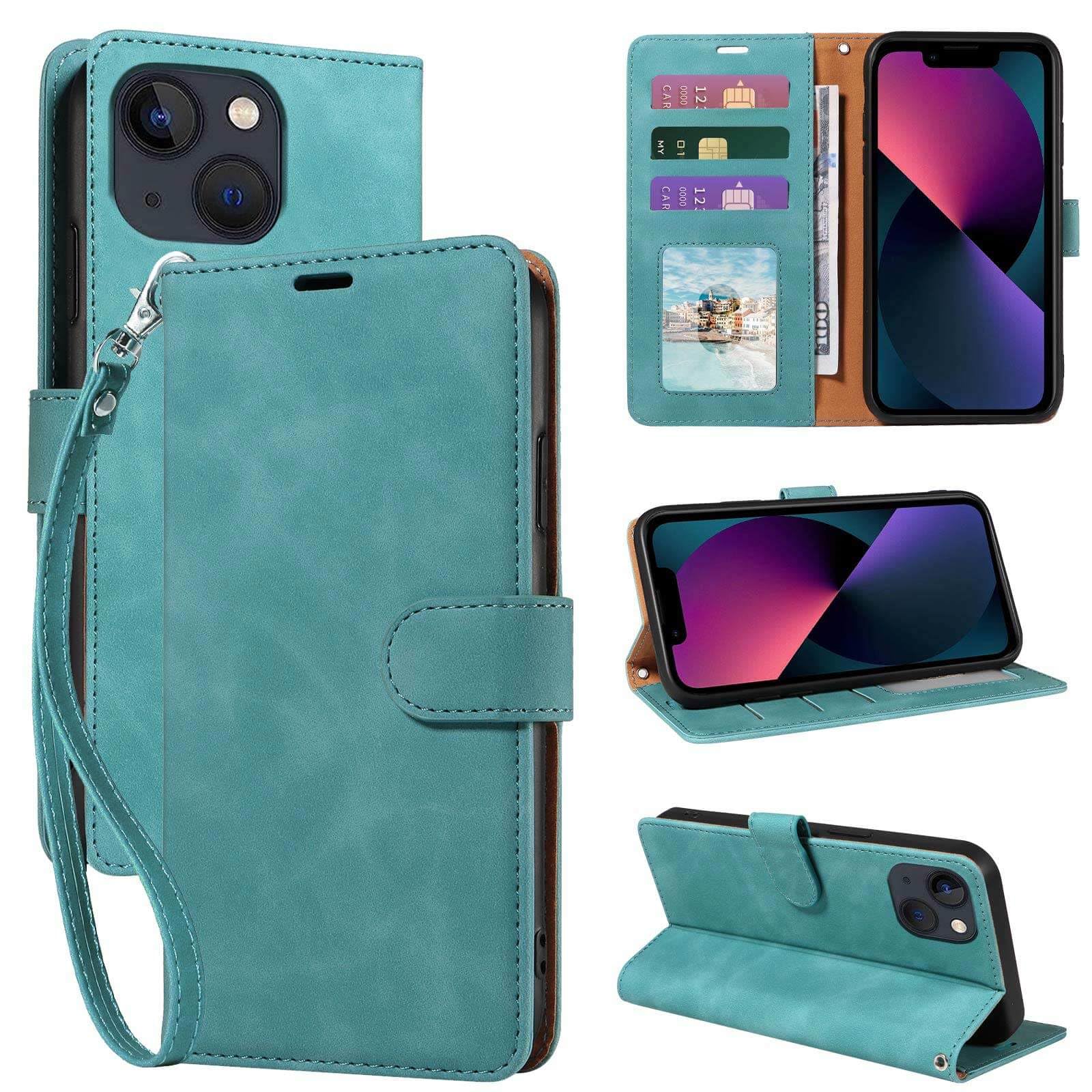 GOTOURED for iPhone 13 Mini Phone Case Wallet, RFID Blocking 3 Card Slots, Wrist Strap, Kickstand, Magnetic Closure, Shockproof Protective Soft Leather Flip Cover (Green)
