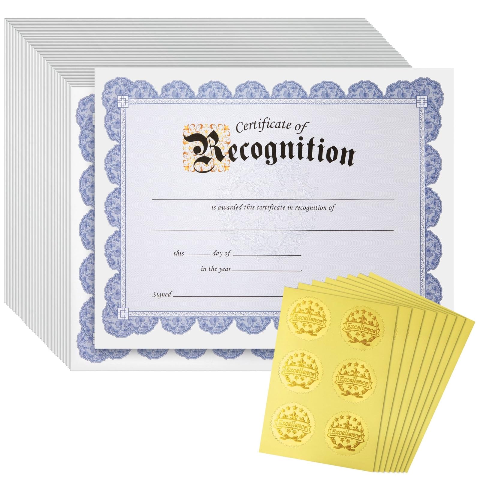 Best Paper Greetings 48 Sheets Blue Floral Certificate of Recognition Paper for Printing with Gold Foil Sticker Seals|Customizable|Border for Graduation,DiplomaCompletion Award Documents(8.5x11)