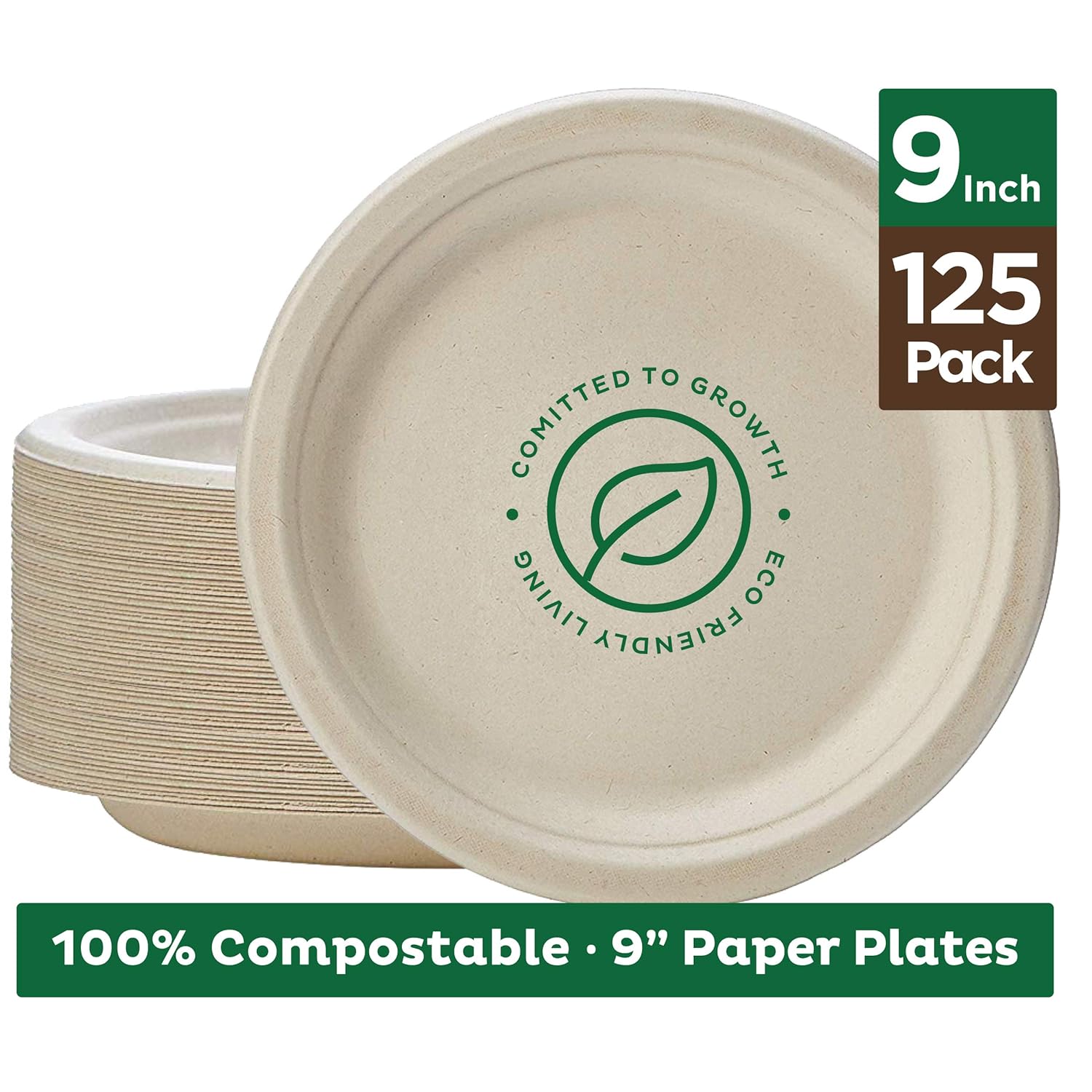 Stack Man 100 Compostable 9" Paper Plates [125Pack] HeavyDuty