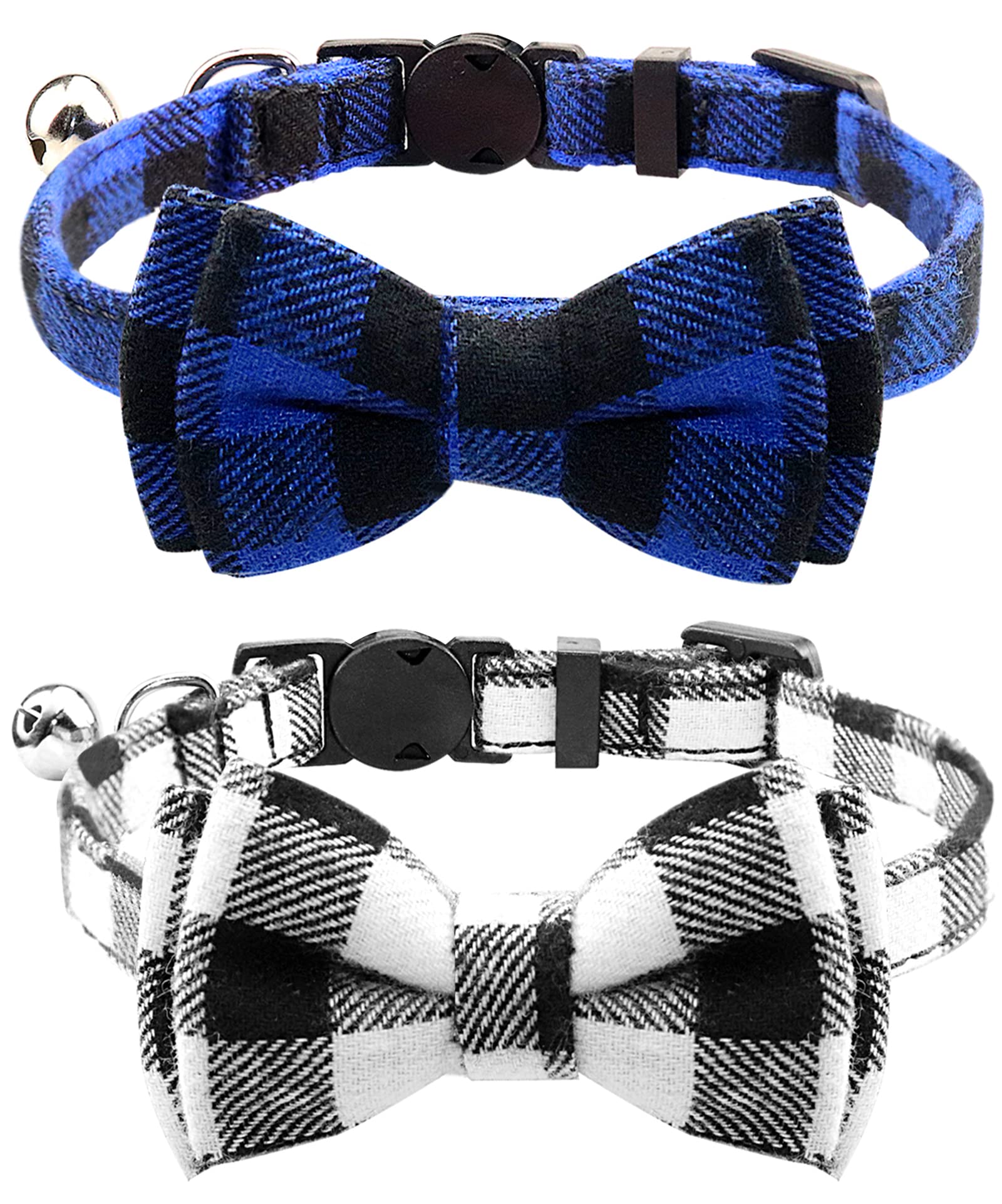 Joytale Cat Collar with Bell and Bow Tie, Soft Tartan, Quick Release Safety Collars for Kitten and Cats, 2 Pack, Blue+Black