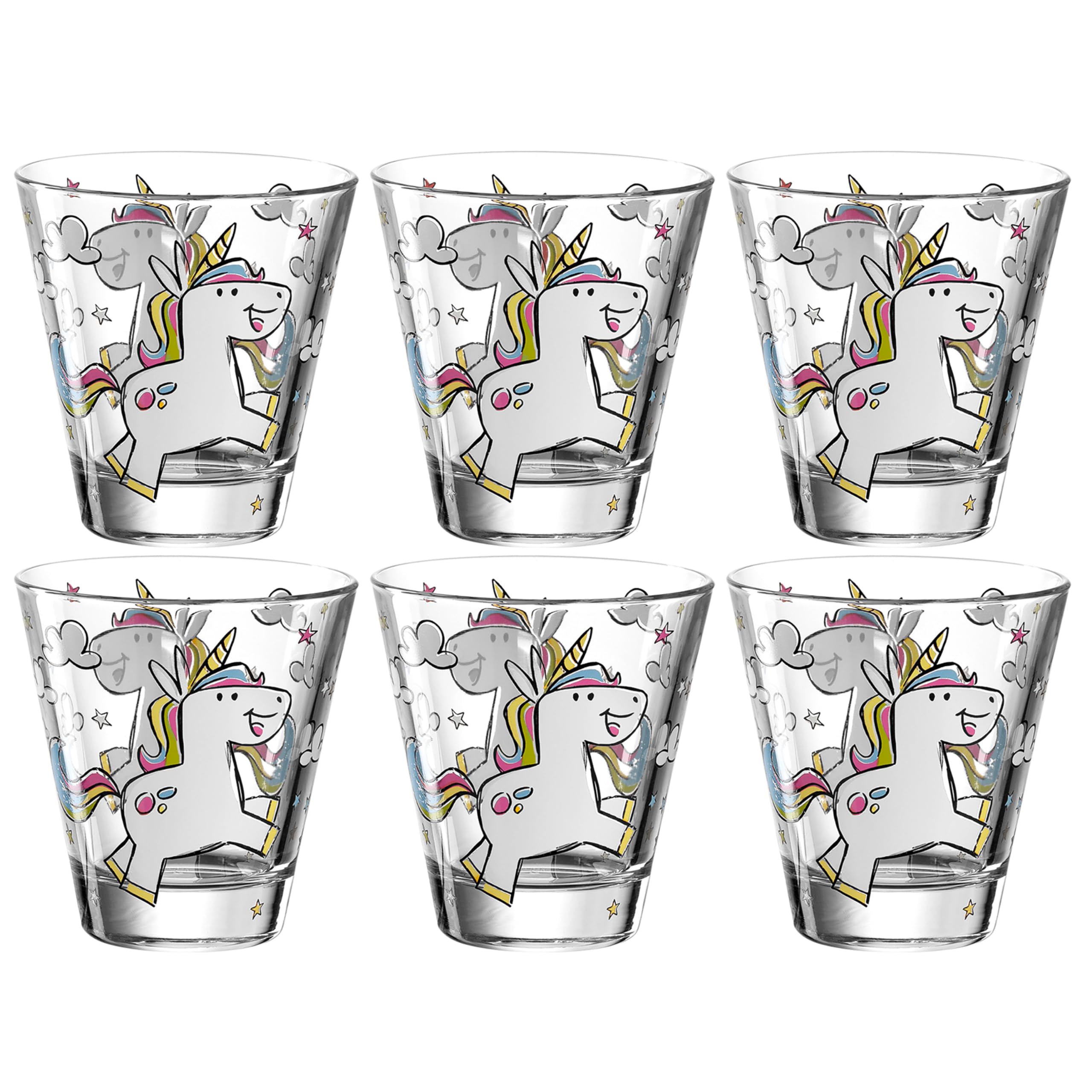 LEONARDO HOME 017902 Bambini Drinking Glasses Set of 6 with Unicorn Motif, Children's Cups, Colourful, Dishwasher Safe, Glass