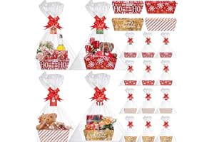 Cholemy 12 Sets Large Christmas Basket for Gift Empty Gift Basket Kit Presents Bags Empty to Fill with Handles Wine Bags Kraft Cardboard Tray for Christmas Birthday Party (Gold,Snowflakes)