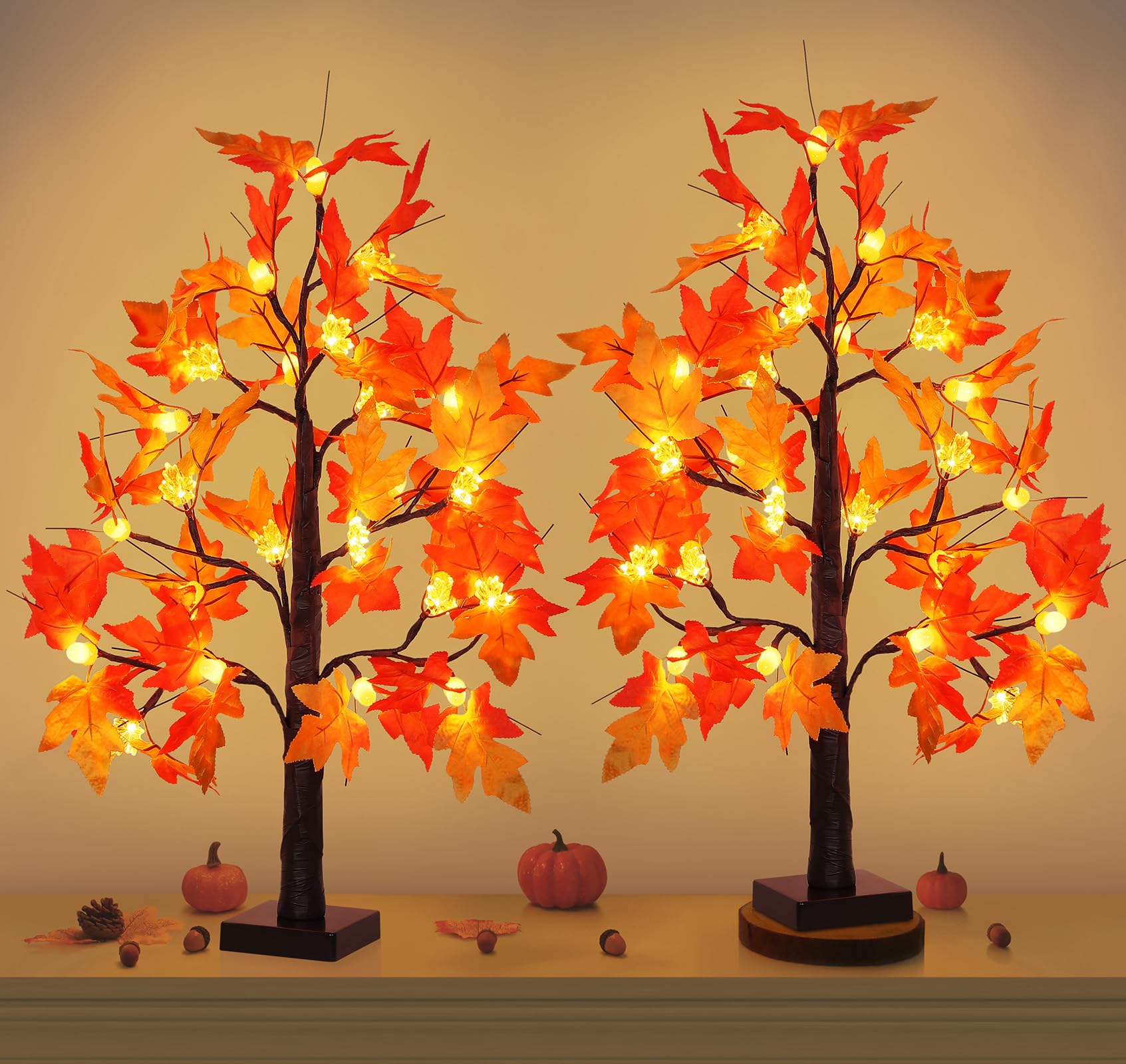 Photo 1 of [2 Pack] 24" LED Maple Tree Fall Decor - Battery Operated Tabletop Thanksgiving Tree with 24 Lights, 48 Autumn Leaves & 12 Acorns, Detachable Branches for Indoor Home Decor