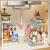 REALINN Under Sink Organizer, Height Adjustable Under Sink Organizers and Storage, 2 Tier Pull Out Drawer Cabinet Storage for Kitchen Bathroom, 2 Pack, White