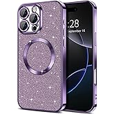 Hython for iPhone 16 Pro Case Glitter, Clear Magnetic Phone Cases with Camera Lens Protector [Compatible with MagSafe] Bling Sparkle Plating Soft TPU Shockproof Protective Cover Women Girls-Purple