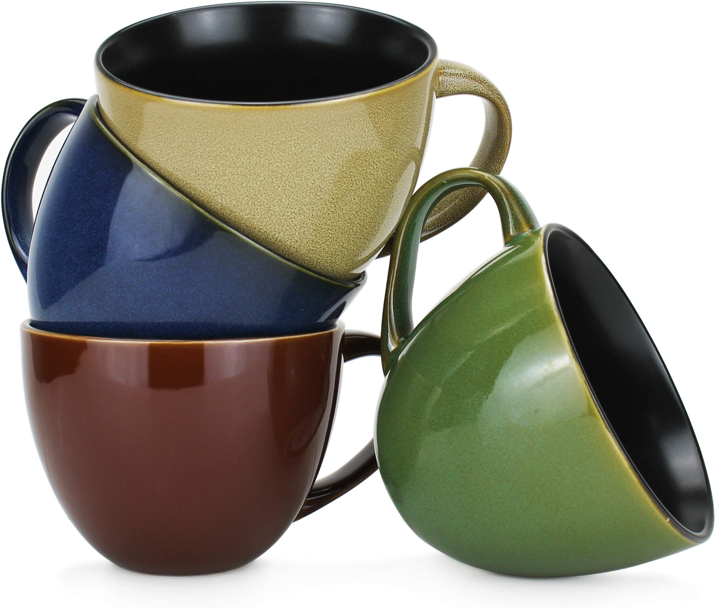 18oz Jumbo Wide-Mouth Soup & Cereal Ceramic Coffee Mugs, Assorted Reactive Glaze Colors, Set of 4 by Serami