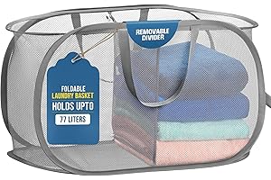 HANDY LAUNDRY Foldable Laundry Basket - Popup and Collapsible, Durable Mesh Material, Folds for Storage, Easy Carry Handles - Great Hamper for College Dorm, Laundry Room or Travel (Grey, 2-Compartments)