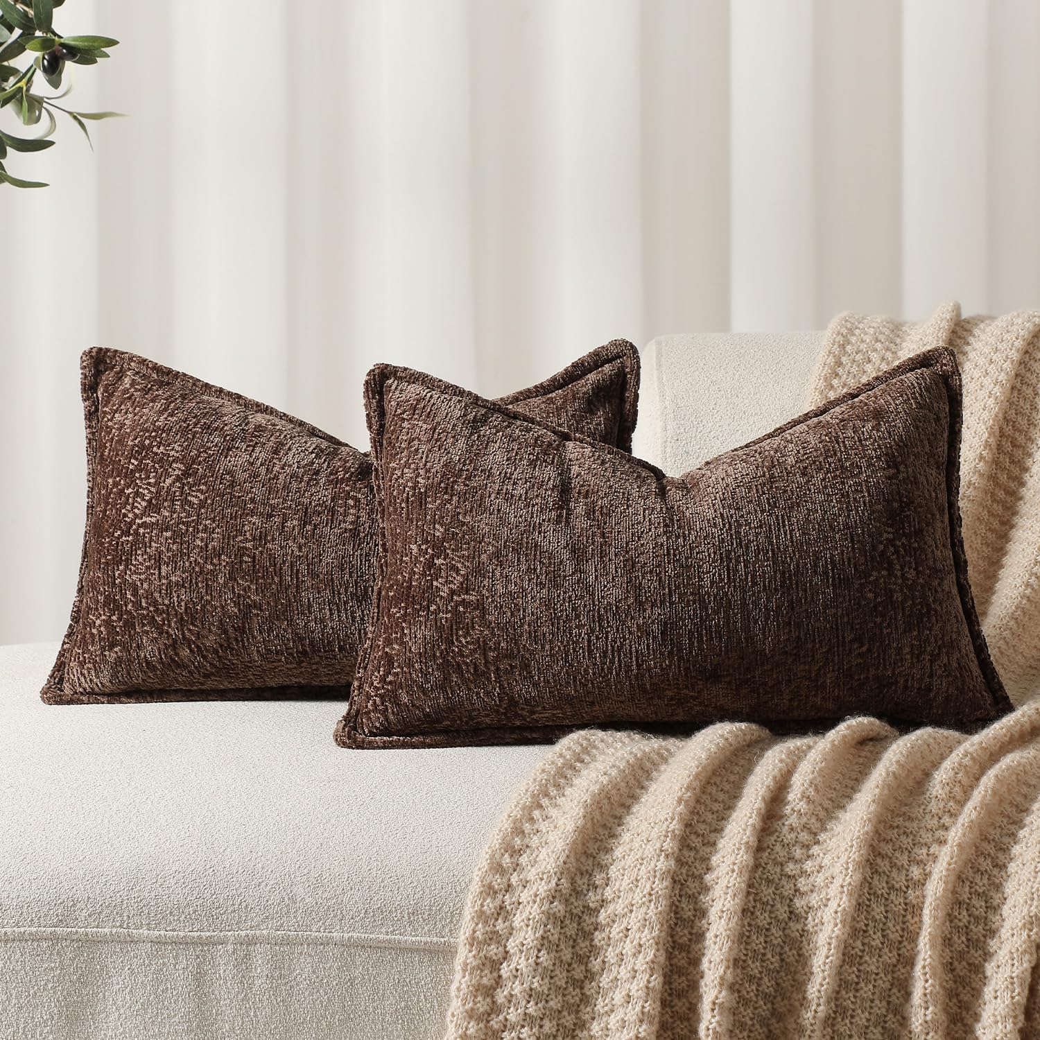 Photo 1 of DEZENE Pack of 2 Chocolate Brown Decorative Throw Pillow Covers 12x20 Cozy Soft Chenille Accent Vintage Rectangular Lumbar Couch Pillow Covers for Home Decor Bed Sofa Living Room