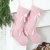 Velmitten 2 Pack Pink Bow Christmas Stockings 18 Inches Large Hand Knitting Christmas Stockings Coquette Xmas Hanging Decorations Xmas Tree Mantel Fireplace Stairs