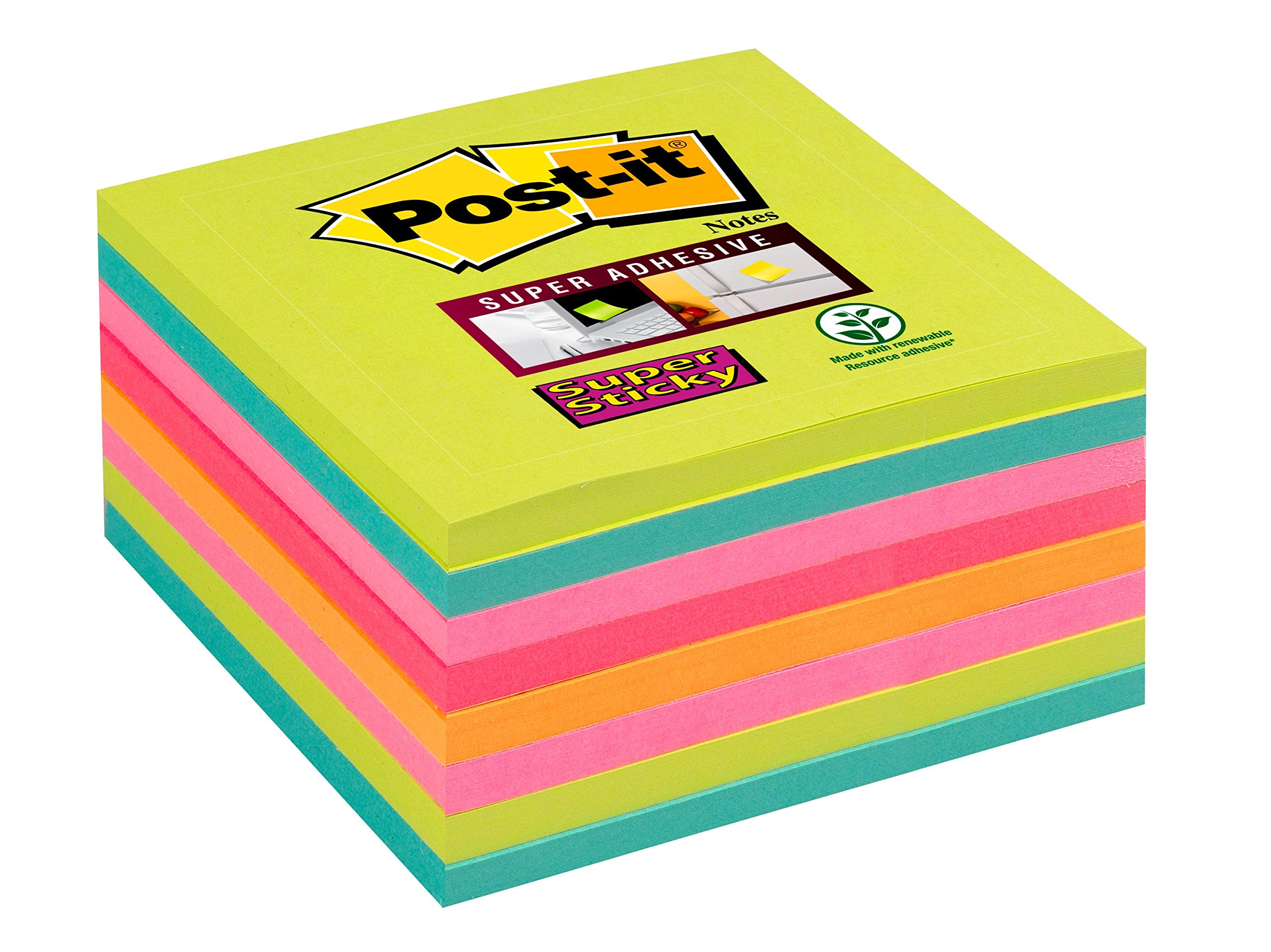 Post-it Super Sticky Notes, Assorted Rainbow Colours, 76 mm x 76 mm, 45 Sheets/Pad, 8 Pads/Pack