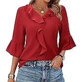 siliteelon Blouses for Women Dressy Casual 3/4 Sleeve Ruffle Bell Top Ladies Business Work Shirt Fashion Clothing Trendy