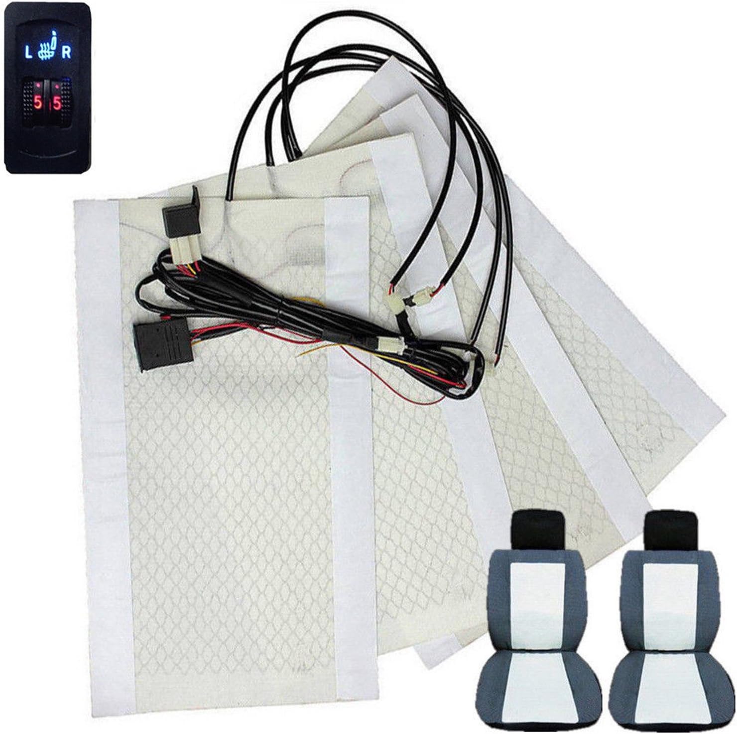 Qlhong Car Heated Seat PKW Truck Boat Universal 12V 2 Set Auto Cushion Heater Hot Cover Warmer Pad Carbon Fiber with 5 Level Switch [Energy Class A+]