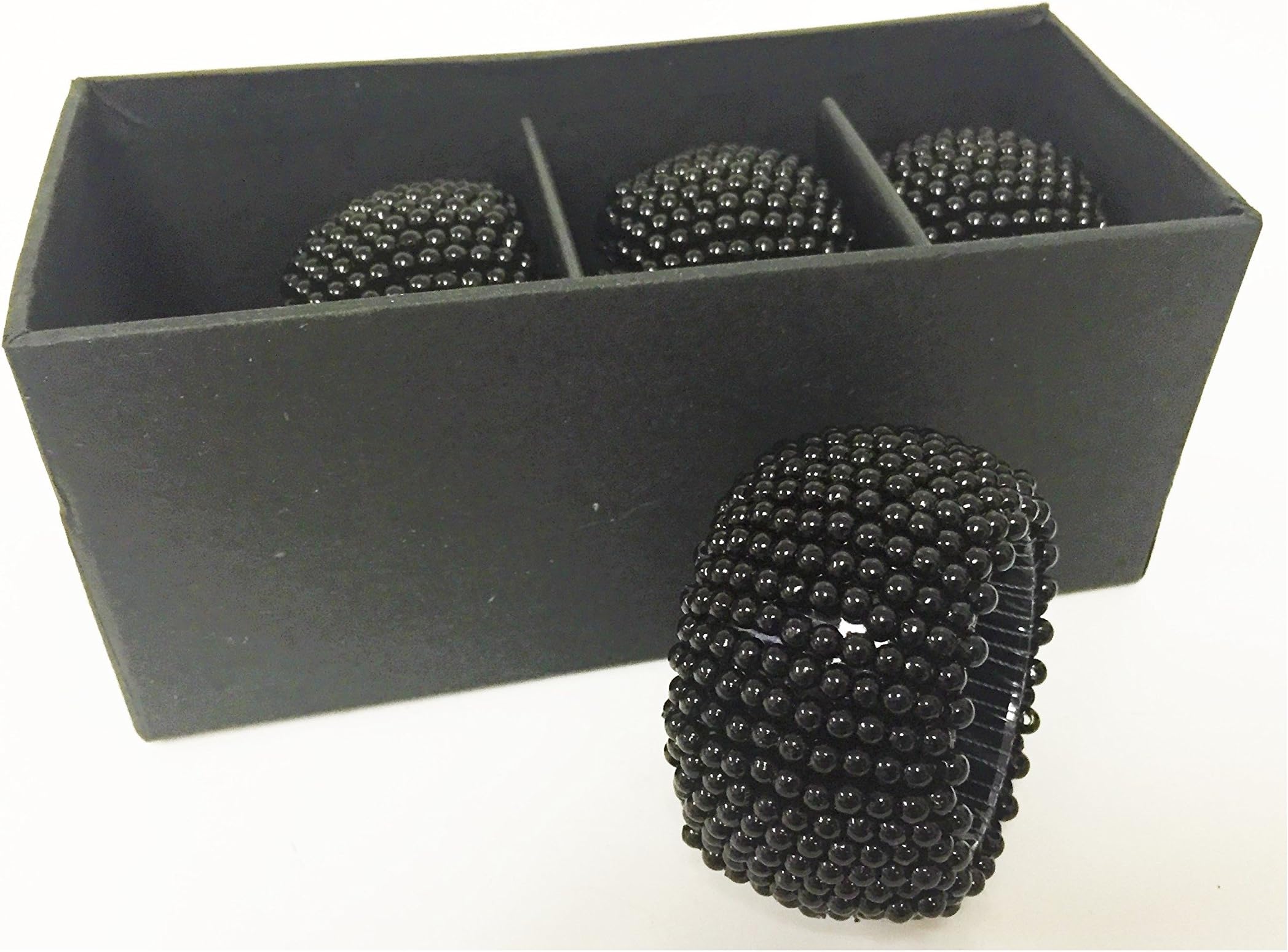 Alef Judaica Napkin Rings - Round Plastic Rings with Smooth Black Beads Strung Across - Set of Four