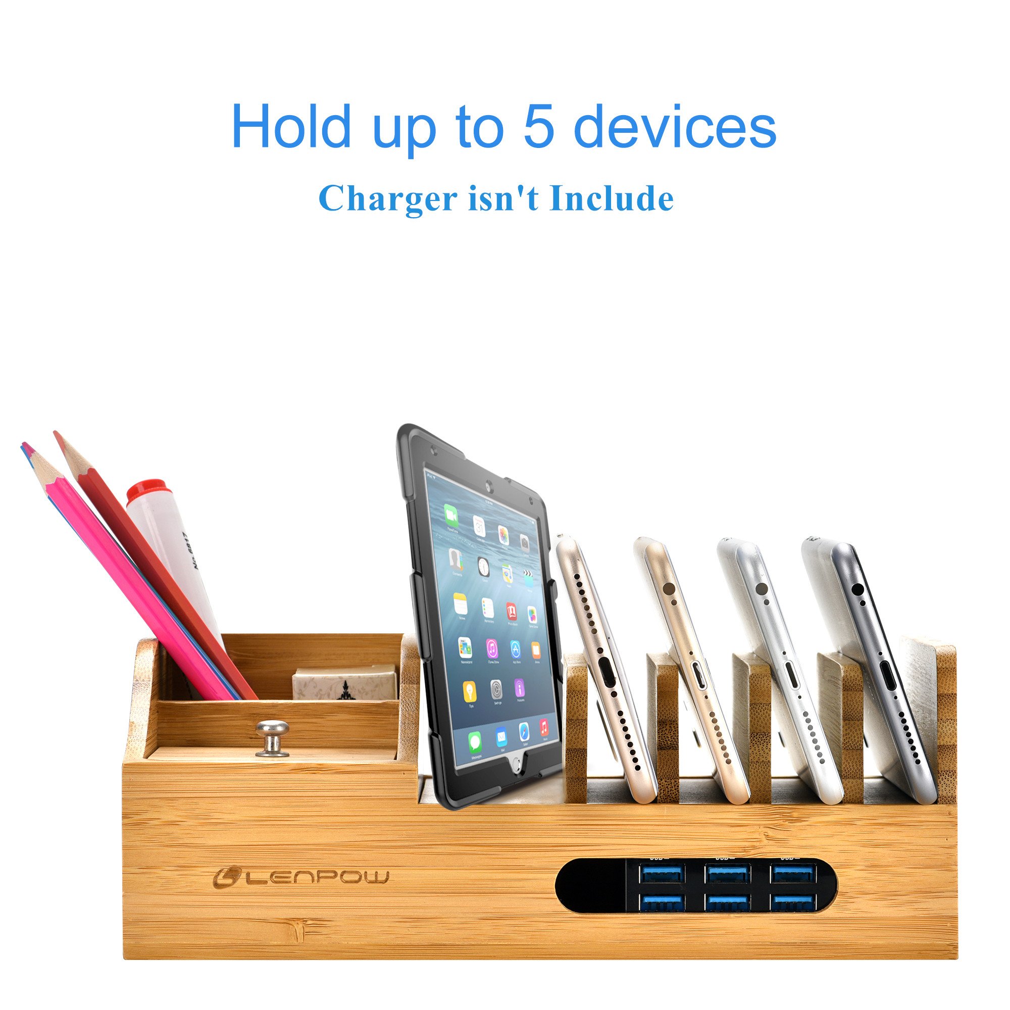 Bamboo Charging Station HECOPRO Charging Docking Stand Multi Device Desktop Organizer, Compatible with Most of the 4/5/6 Port USB Charger for iPhone/Android Phone/IPAD with Otterbox/Tablets - 5 Port
