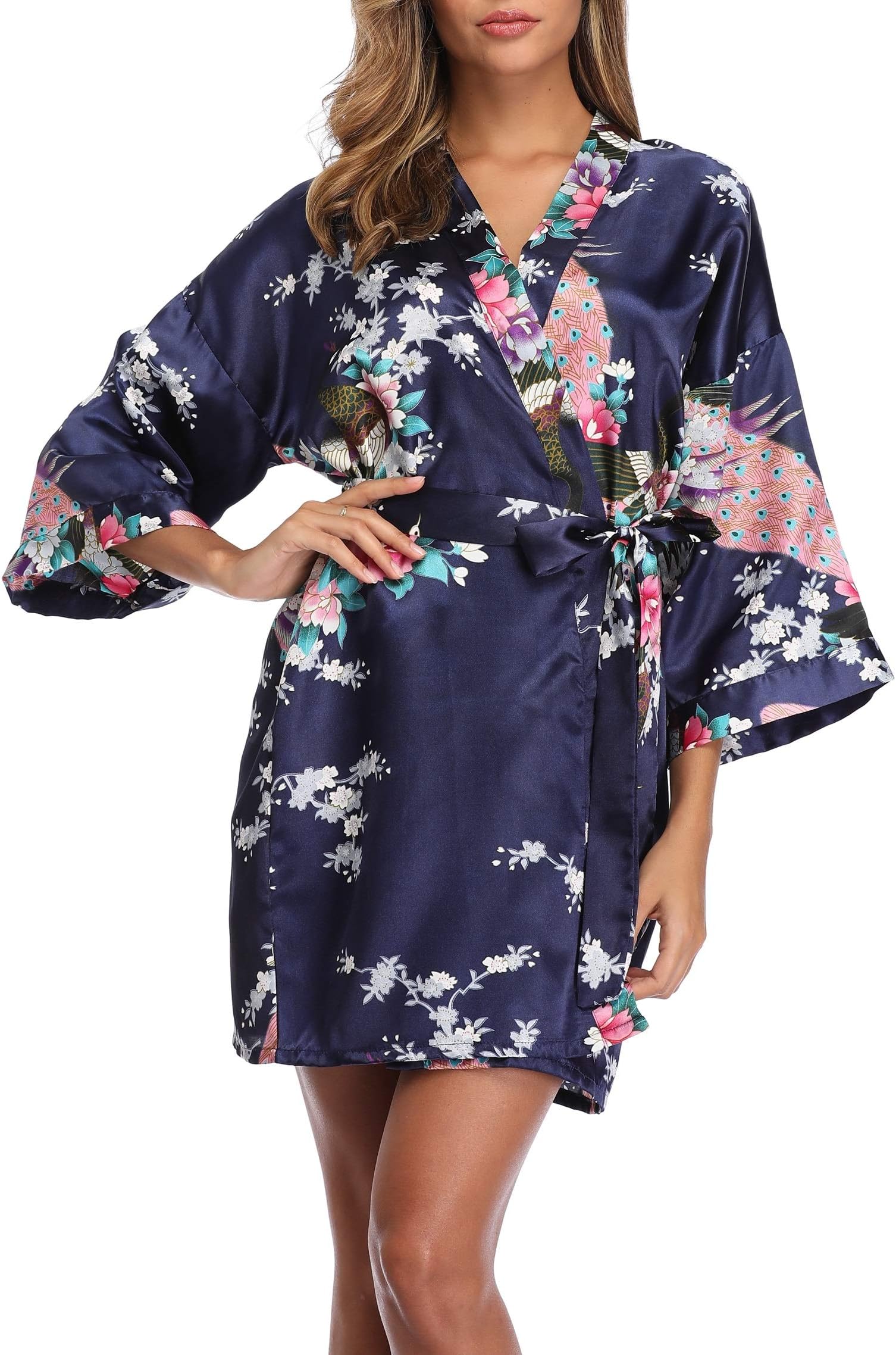 Sueshop Women's Floral Satin Robe Short Silk Bridal Robe Printing Peacock Kimono Sleepwear