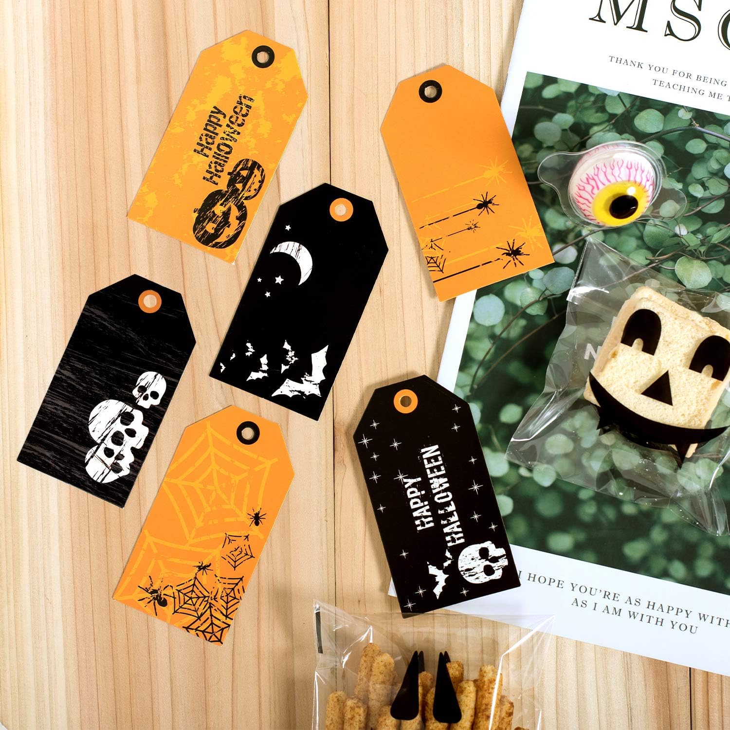 Whaline 120 Pack Halloween Paper Tags with 130ft Cotton Rope for Halloween Party Favor, Candy Goodie Bag Gift Decoration : Office Products