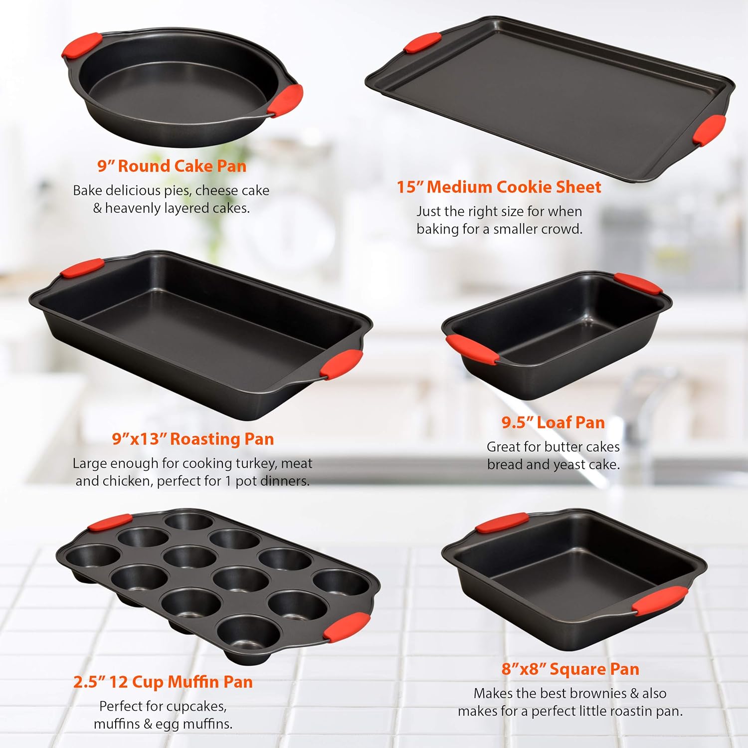 PERLLI 6 Piece Baking Pan Set Nonstick Carbon Steel Oven Bakeware Kitchen Set with Silicone Handles, Cookie Sheet, Cake Pans, Baking Trays, Cupcake Muffin Pan, 9x13 Roasting Pan, Loaf Pan Essentials: Kitchen & Dining