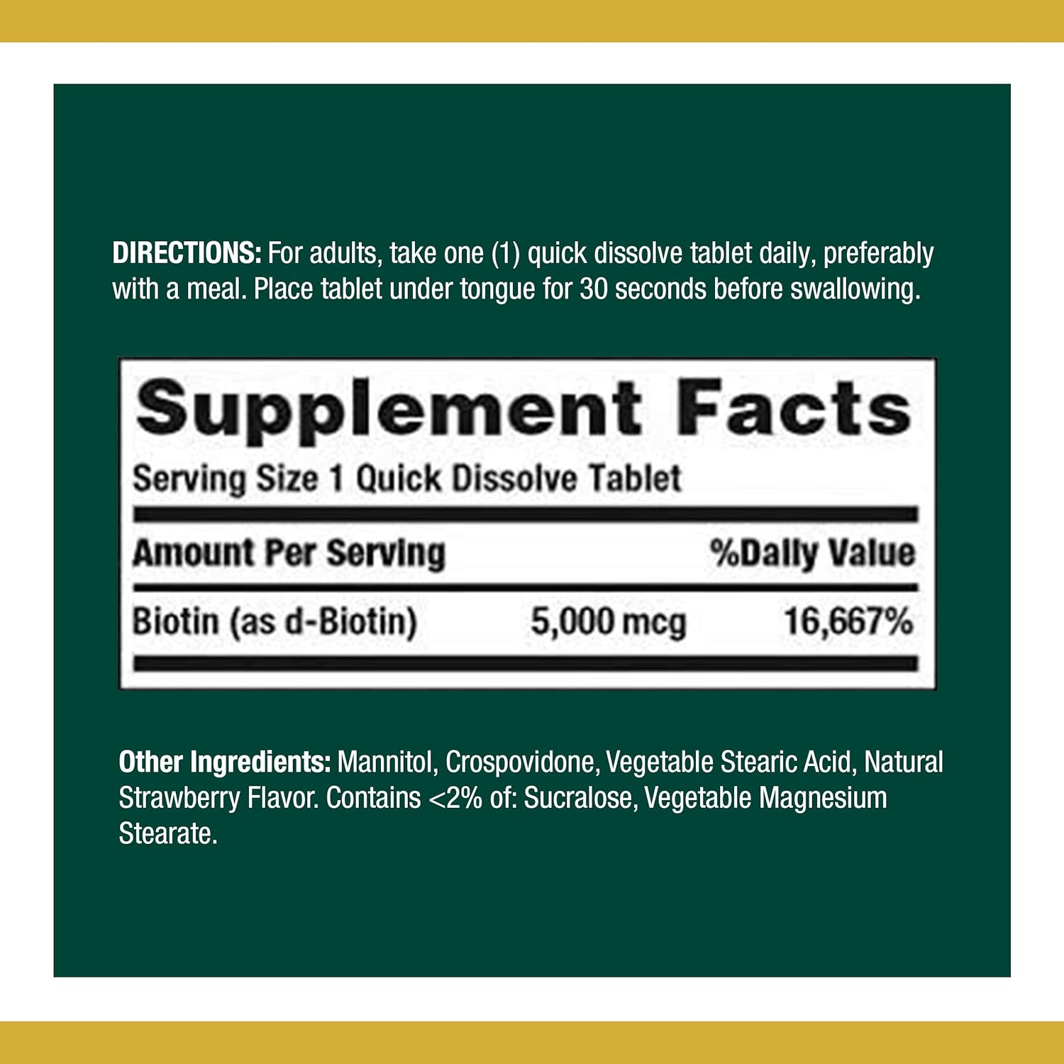 Biotin by Nature's Bounty, Vitamin Supplement, Supports Metabolism for Energy and Healthy Hair, Skin, and Nails, 5000 mcg, 60 Quick Dissolve Tablets: Health & Personal Care