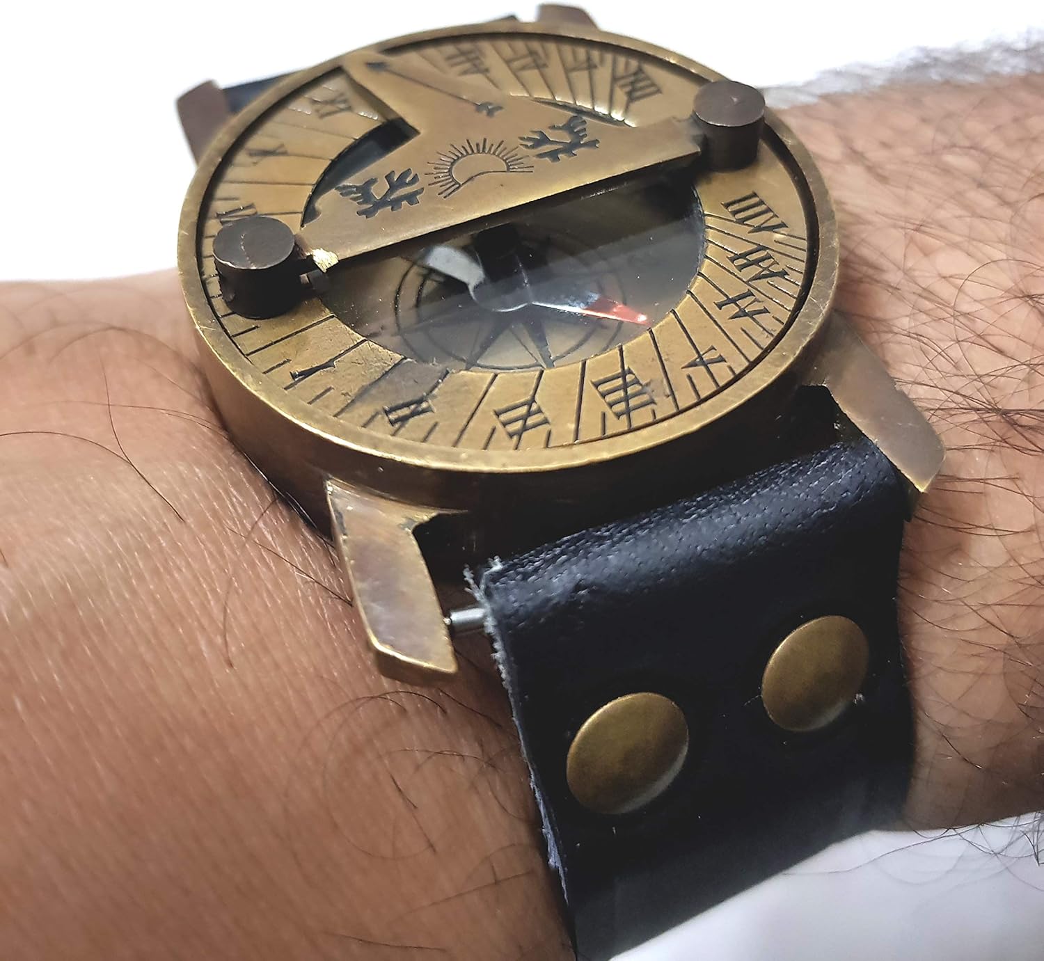 Boussole Marine Ancien Laiton Avec Cadran Solaire Et étui Cuir, Réplique Vintage