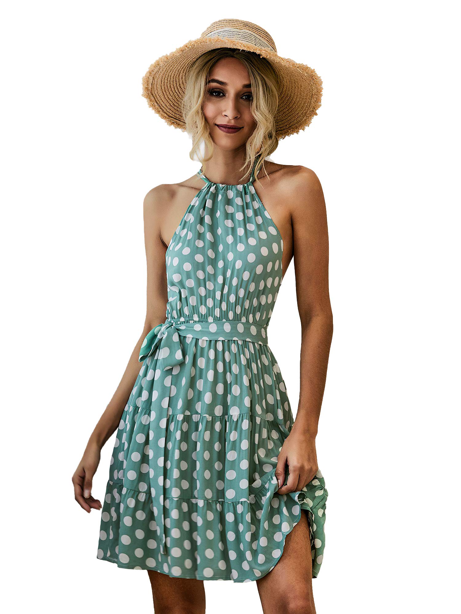 green emerald velvet dress BOFETA Women's Polka Dot Sleeveless Dress Halter Neck Wrap Dress Ruffle A  Line Dress Midi Summer Dress Green S at Amazon Women's Clothing store main image 1