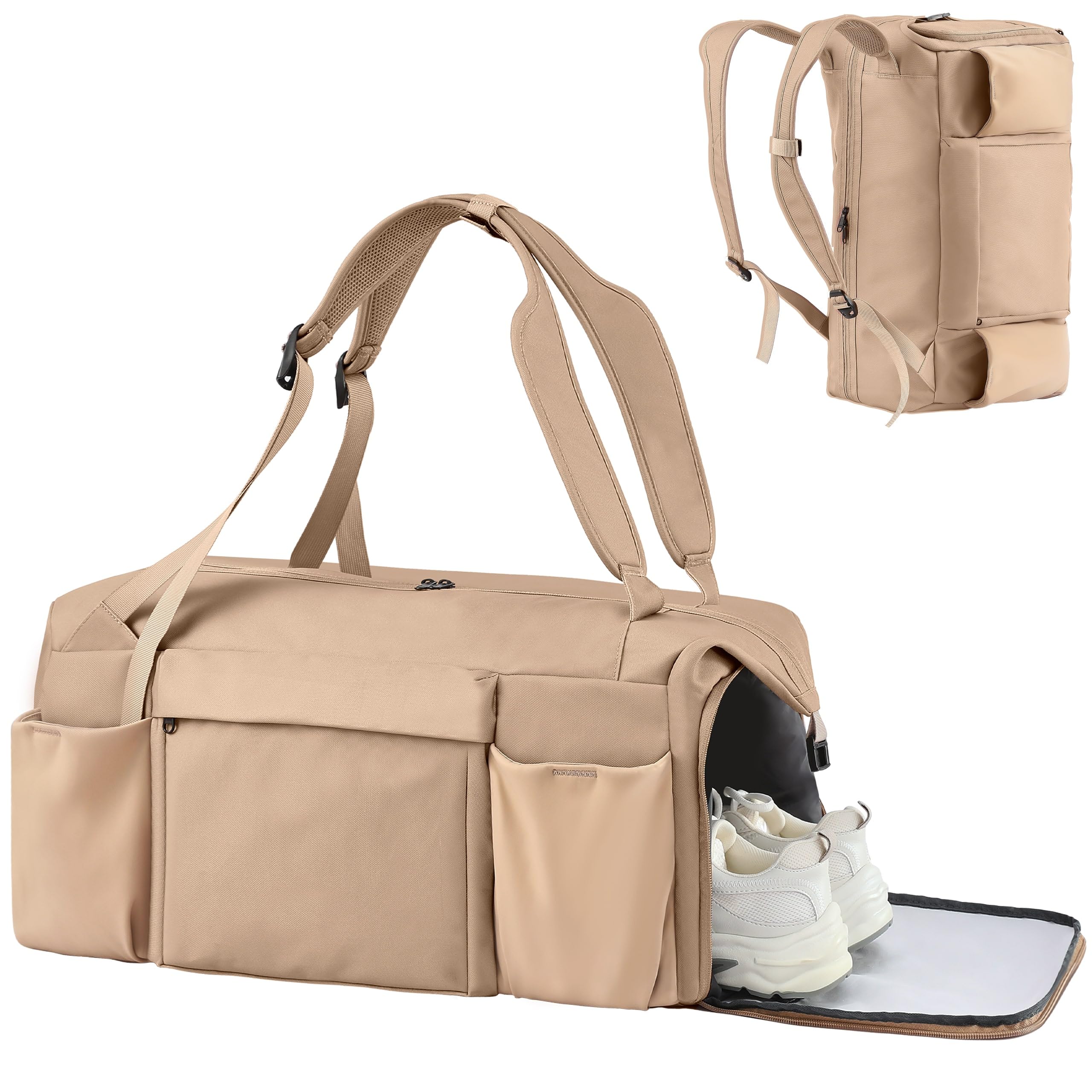 Kookoomia Gym Bag for Men with Shoes Compartment and Wet Pocket Convertible Duffle Bag and Gym Backpack Waterproof Sports Bag with 2 Bottle Holders Weekender Overnight Bag - Khaki Image Kookoomia Gym Bag for Men with Shoes Compartment and Wet Pocket Convertible Duffle Bag and Gym Backpack Waterproof Sports Bag with 2 Bottle Holders Weekender Overnight Bag - Khaki Image