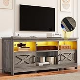 DWVO Farmhouse TV Stand with Power Outlets & LED Lights, Entertainment Center for TVs up to 80", TV Console with Storage Cabinets & Open Shelves for Living Room (Washed Grey)