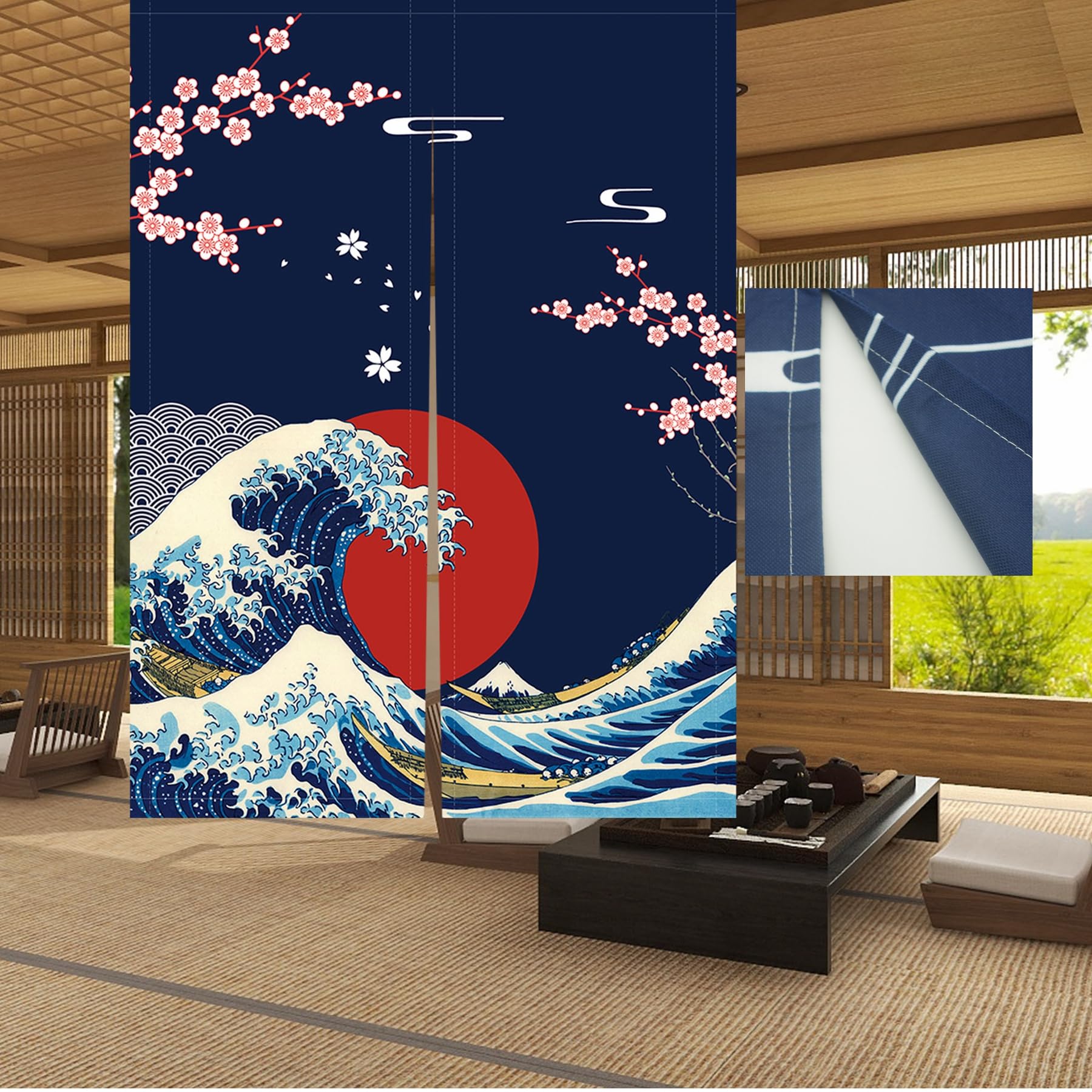 LIGICKY Japanese Noren Doorway Curtain Ukiyoe Hokusai The Great Wave Off Kanagawa Sun Cherry Blossoms Printed Window Treatment Door Tapestry for Home Restaurant Decor 33.5 x 47.5 inch, Double Sided