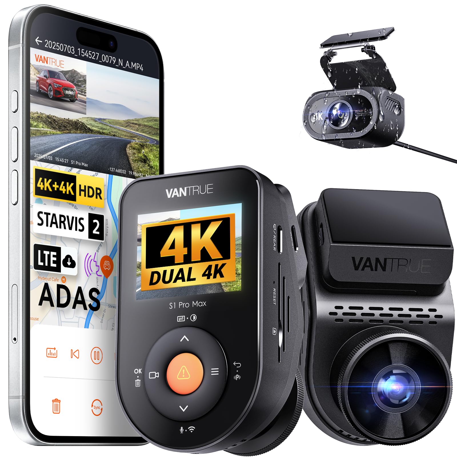 VANTRUE S1 PRO MAX 4K+4K Dashcam Auto Dual STARVIS 2 IMX678 HDR Nachtsicht Dash Cam Vorne Hinten, 5,8GHz WLAN GPS, 15S Puffer Parkmodus, DSGVO-konform, AI Auto Kamera ADAS BSD, Sprachbefehl, 1TB Max