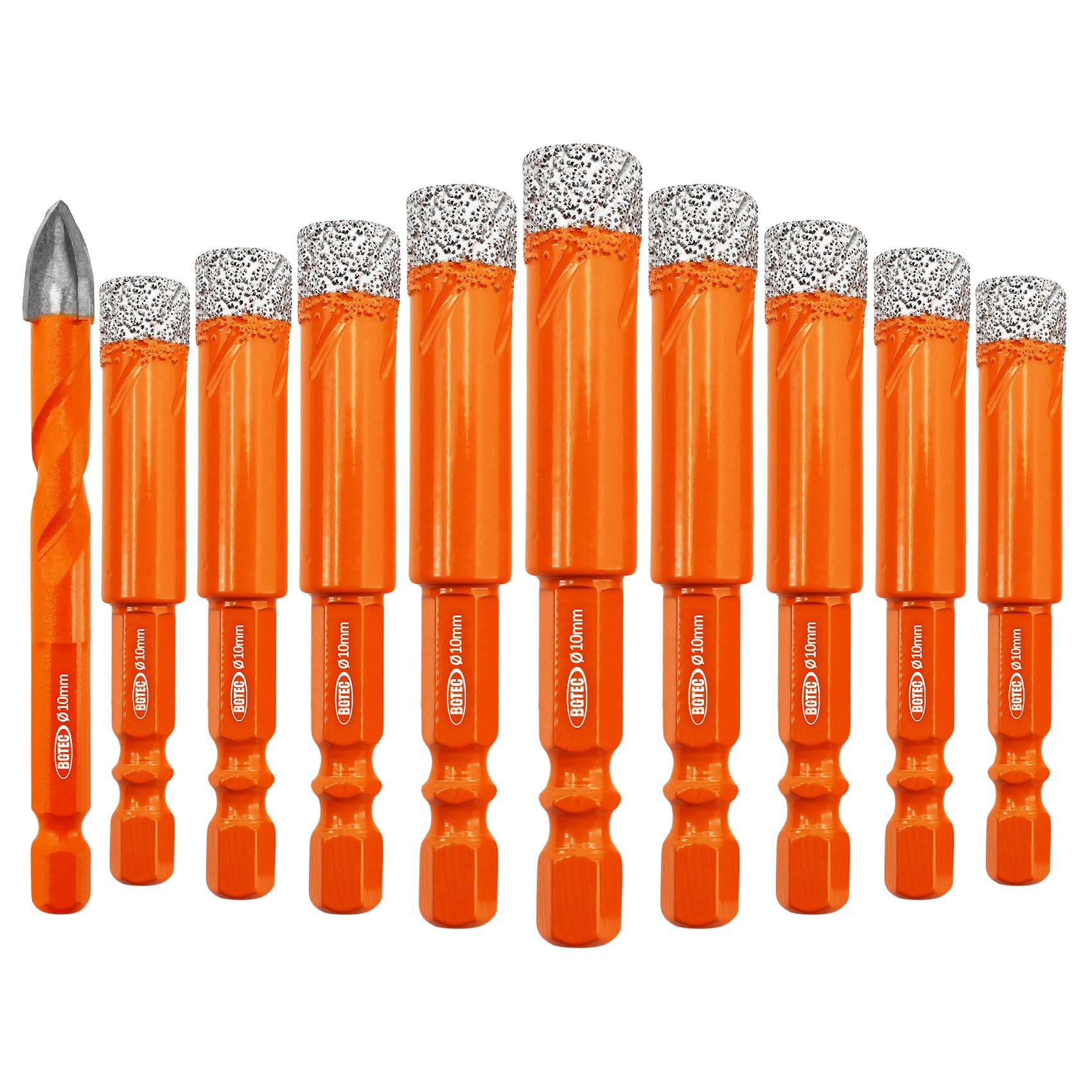 BGTEC Dry Diamond Drill Bits - 10mm*9 Masonry Drill Bits Set & 1pc 10mm Tungsten Carbide Tip Tile Drill Bit with Quick Change Hex Shank for Granite Marble Porcelain Tile Ceramic