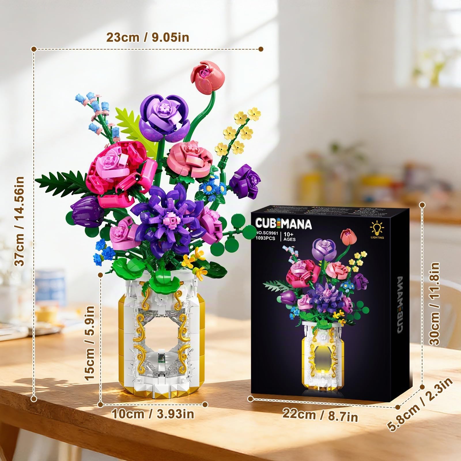 CUBIMANA Blumenstrauß-Bauset mit Vase & LED-Licht, 1093 Teile Botanische Sammlung Klemmbausteine, kreatives Geschenk für Frauen und Männer, künstliche Blumendekoration für Home und Zimmer 6