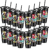 Uiifan 16 Pcs Back to the 70's Party 1970's Birthday Reusable Cups with Lids and Straws 24 oz Plastic Rock and Roll Tumblers Bulk Funny 70s Party Supplies