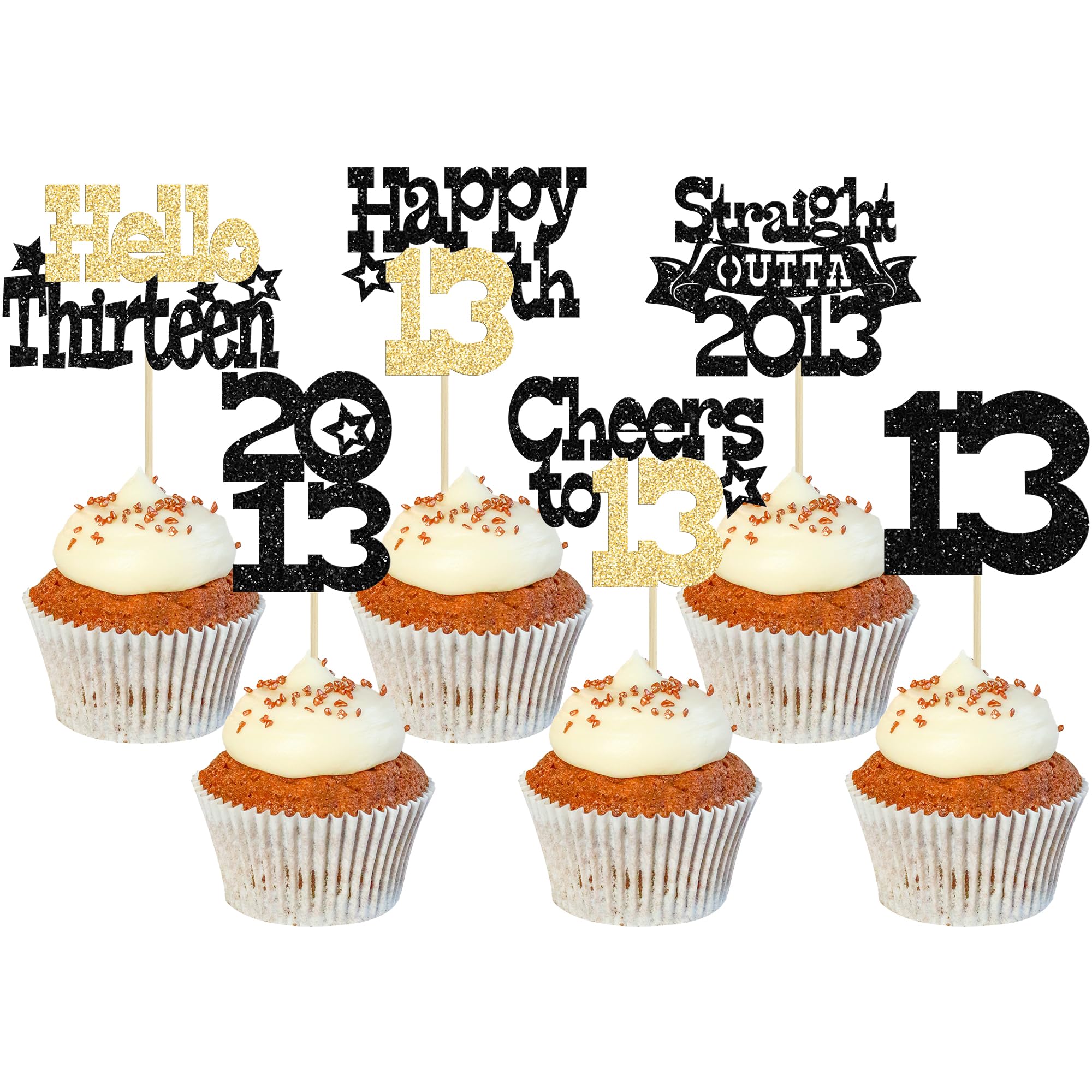 Ephlyn 30Pcs Straight Outta 2013 Cupcake Toppers Glitter Thirteen Happy 13th Birthday Cupcake Picks Cheers to 13 Years Cake Decorations for 13th Birthday Anniversary Party Supplies Black Gold