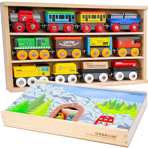 Orbrium 12 Wooden Train Cars Set with Wooden Storage Box with Box