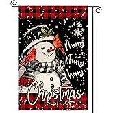 Tikeciti Merry Christmas Snowman Welcome Garden Flag 12x18 Inch Double Sided, Xmas Cardinal Winter Snowflake Burlap Small Yard Flag Farmhouse Plaid Flags Seasonal Patio Outdoor Outside Decoration