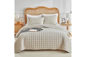 WARMDERN Waffle Weave Quilt Set Queen Size, Soft Lightweight Summer Classic Checkered Quilt Taupe Bedding Bedspread Coverlet for All Seasons, Includes 1 Quilt (90" x 96") + 2 Pillow Shams (20" x 26")