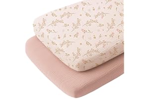 Konssy Muslin Fitted Bassinet Sheets 2 Pack for Baby Girl Boy, Soft Bedside Sleeper Bassinet Sheets Fit for Baby Bassinets, Moses Basket Oval Rectangle Pad/Mattress