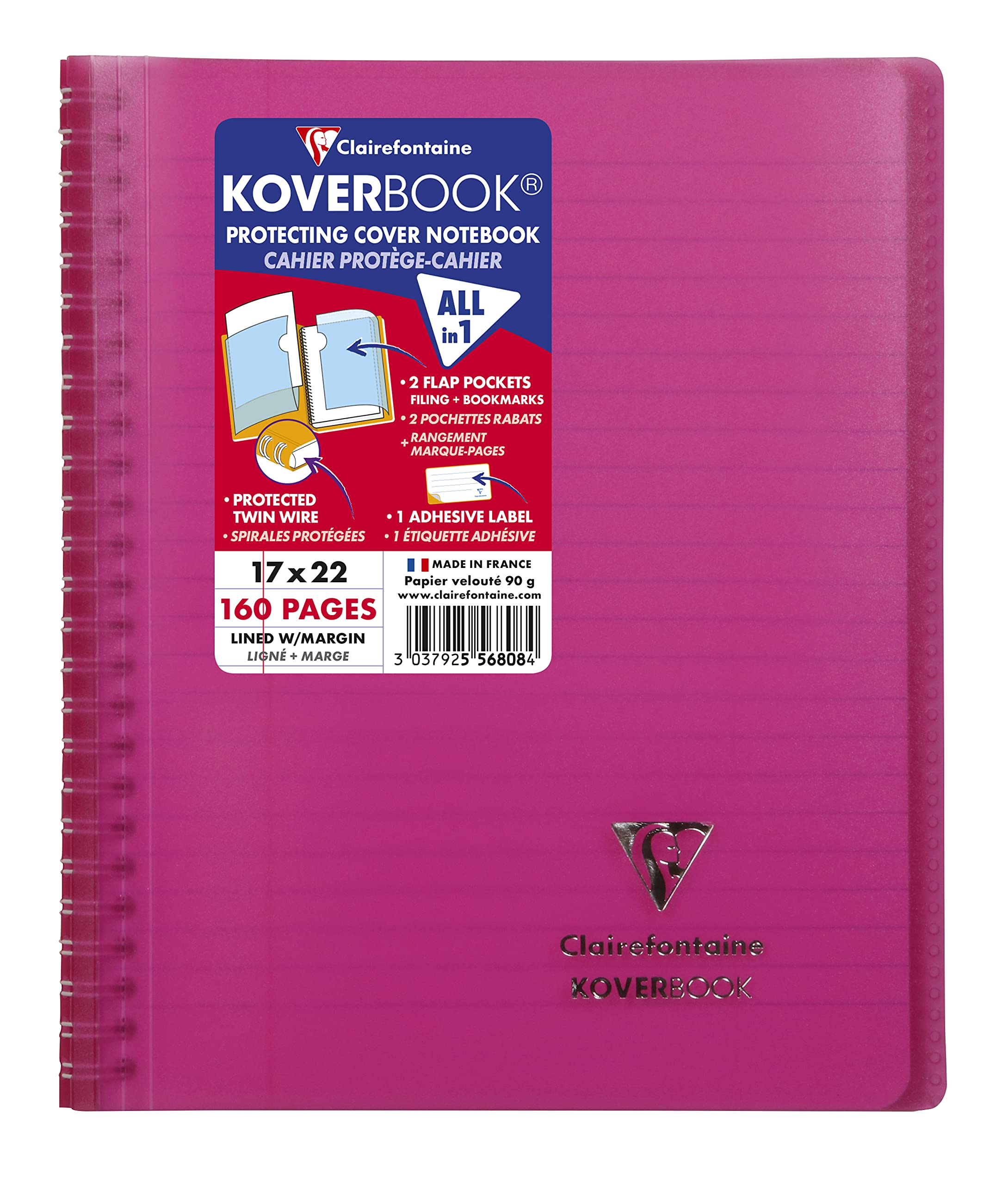 Clairefontaine 556808C - One Pink Koverbook Spiral Notebook - Dimensions: 17 cm x 22 cm - 160 Lined Pages with Margin - 90 g White Paper - Polypro Cover