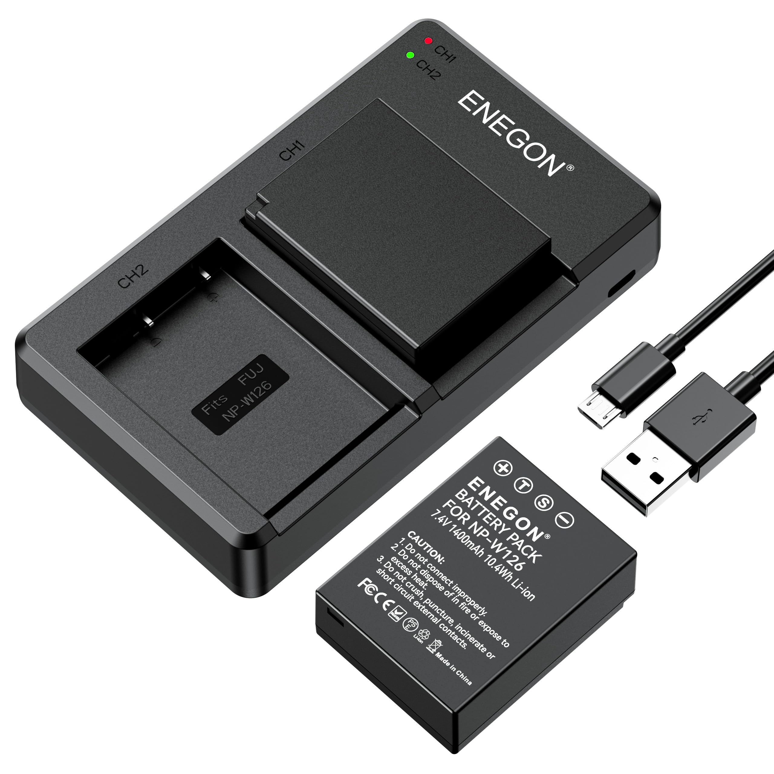 ENEGON NP-W126 NP-W126S Battery 1400mAh and Dual Rapid Charger for Fujifilm X100V, X100VI, X100F, XT30II, XT50, XT30, XT20, XT10, XS10, XA1, XA2, XA3, X-T1, X-T2, X-T3, X-Pro1/2/3, X-M1, XE1/2/3/4