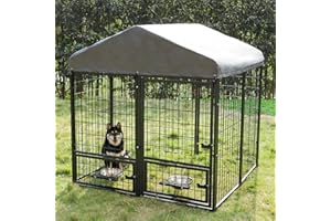 RYpetmia Dog Kennel Outdoor 4.5 x4.5 x4.9 ft with Roof and Rotating Bowl Holders, Large Metal Dog Enclosure, Heavy Duty Dog House Built with Robust 4mm Diameter Wire (4.5'L x 4.5'W x 4.9'H)