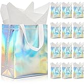 KeerxunBag 12pcs Reusable Gift Bags（Includes Tissue Paper） Gift bag with handle Birthdays Parties Holidays Weddings Medium 10x4x8in holographic Gift Bags