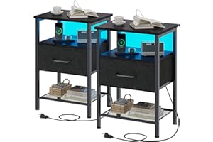TRIFEBLE Night Stand Set 2, End Table with Charging Station, LED Bedside Table with Fabric Drawer for Bedroom, 3-Tier Side Table with Open Shelf, Black