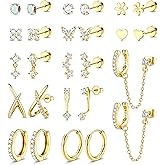 BESTEEL Hypoallergenic Flat Back Earrings for Women - 14K Gold Plated Cartilage Earring Stacks 20G Surgical Stainless Steel Flatback Stud Hoop Earring Set Conch Tragus Helix Piercing Jewelry